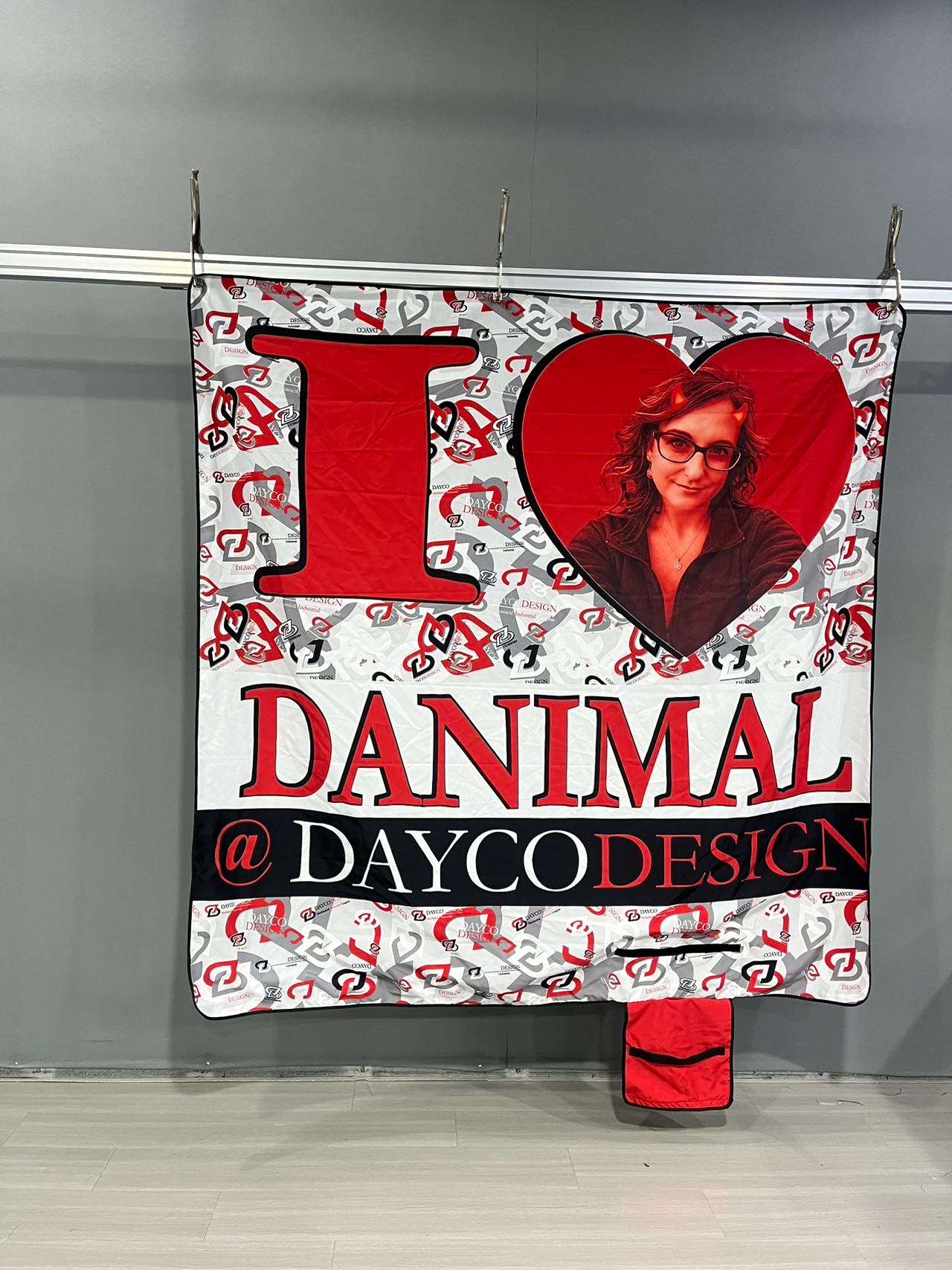 Custom "I ❤️ DANIMAL @ DAYCODESIGN" sublimated blanket, printed and shipped as a gift.