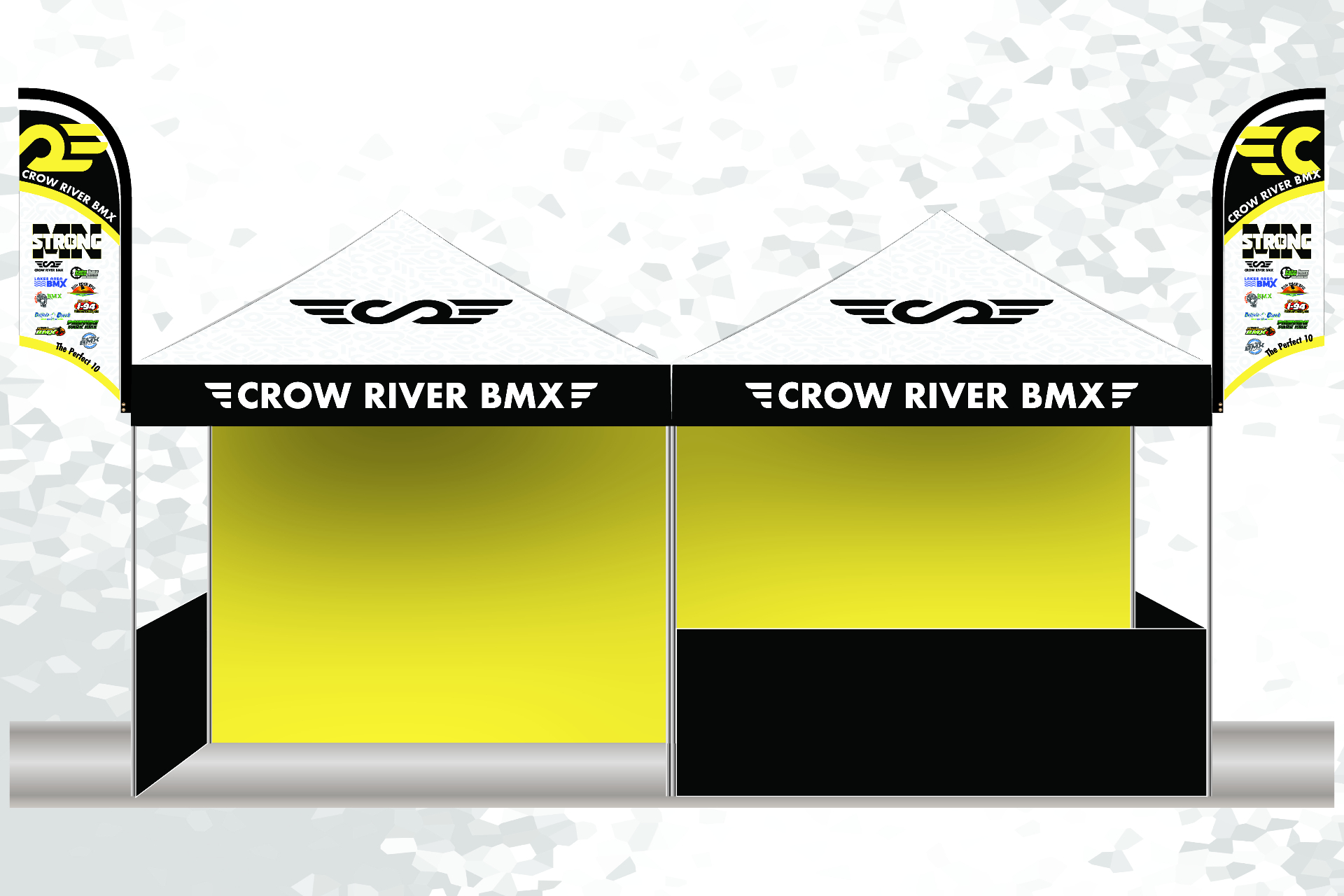 Crow River BMX double 10x10 canopy setup with feather flags